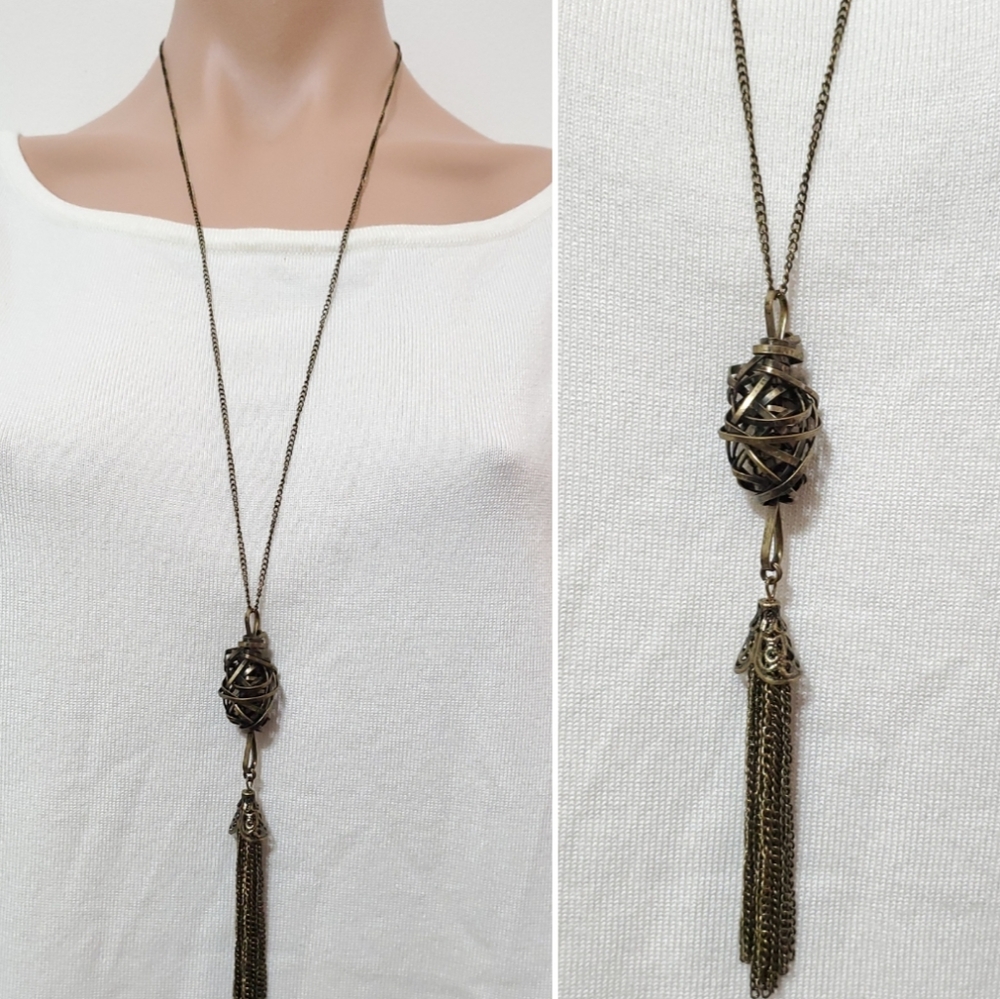 N125 Antiqued Twisted Tassel Drop Long Necklace
